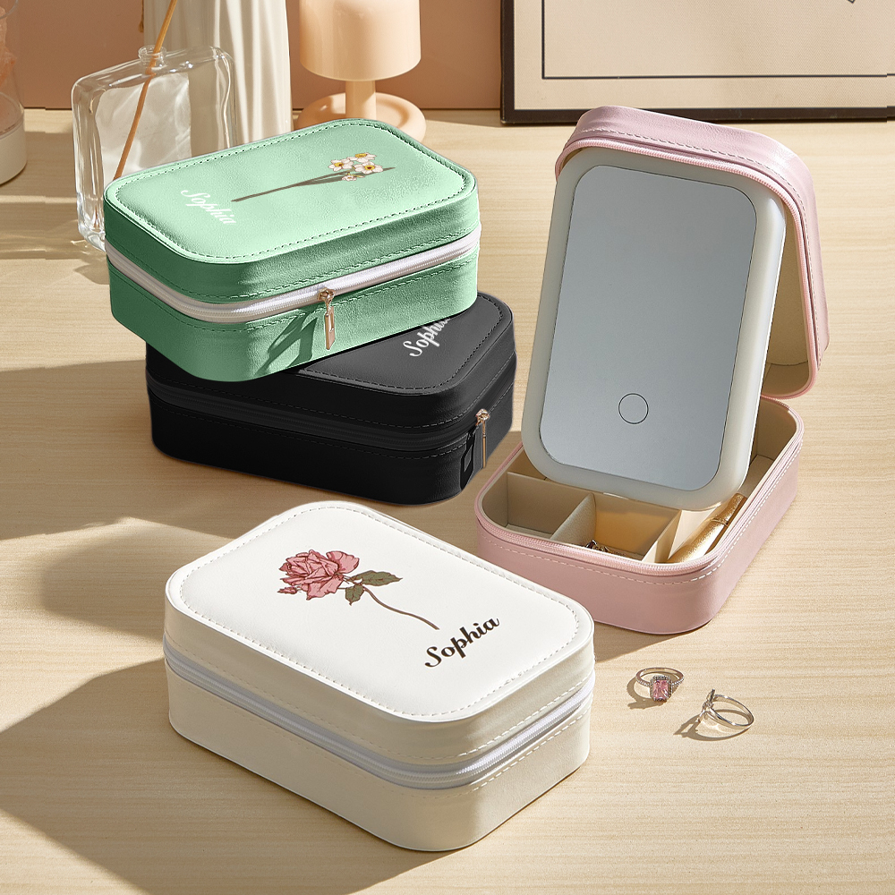 Personalized Birth Flower PU Leather Jewelry Box with LED Makeup Mirror Birthday Gift for Her-Blongser