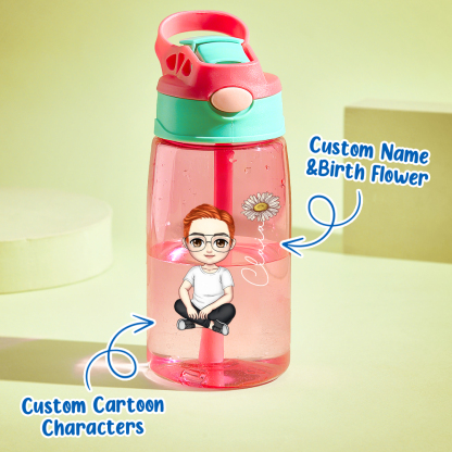 Personalized Cartoon Birth Flower Water Bottle with Straw 16oz Water Bottle Gift for Kids-Blongser