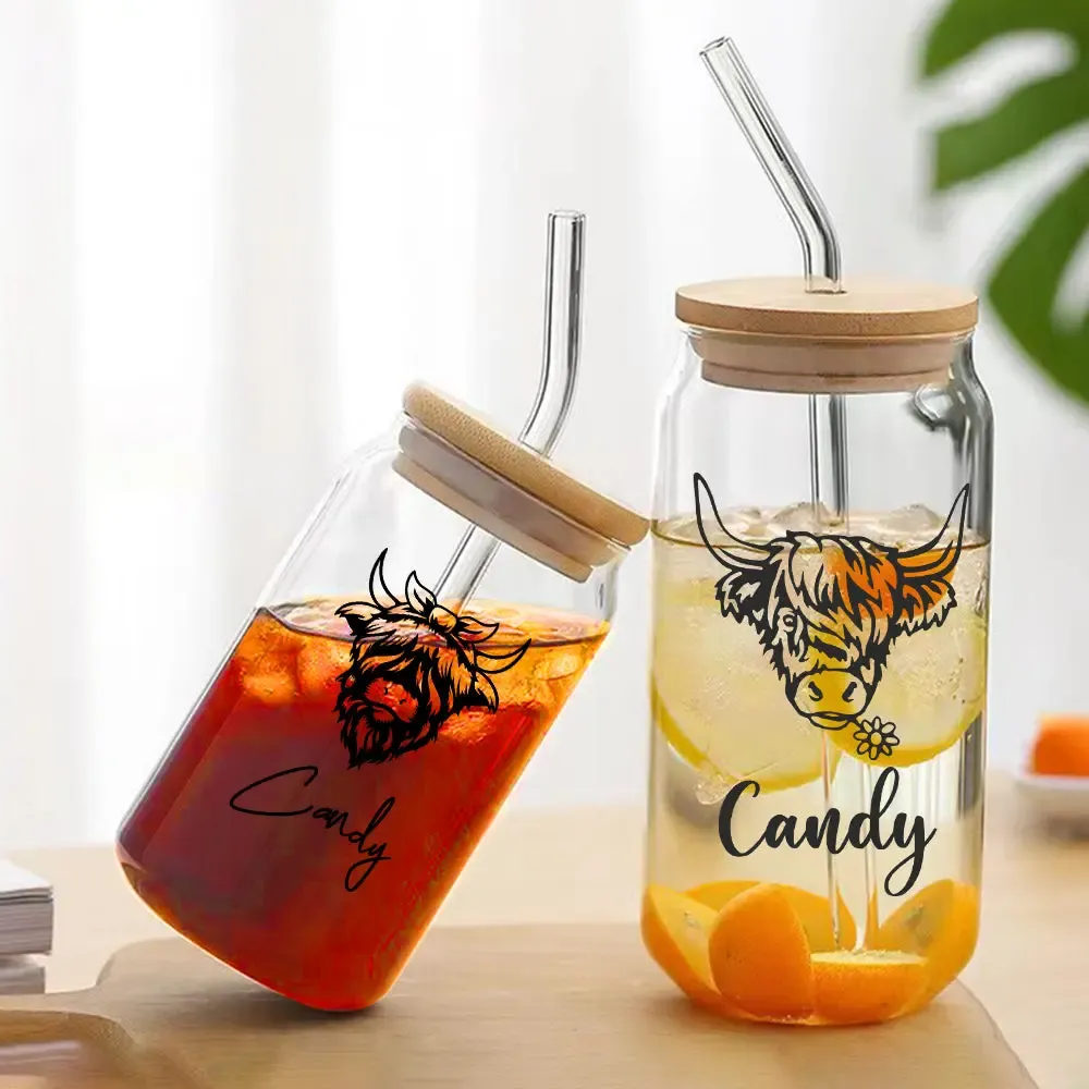 Personalized Highland Cow Tumbler with Name Clear Can Glass Gift for Highland Cow Lovers-Blongser