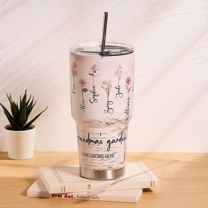 Custom 30oz Insulated Tumbler with Watercolor Birth Flower Name Text – Perfect Birthday Gift for Mom or Grandma-Blongser
