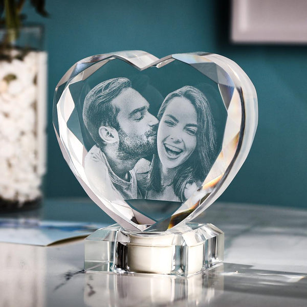 3D Laser Engraved Heart Crystal Photo Frame with Light Up LED Base-Blongser