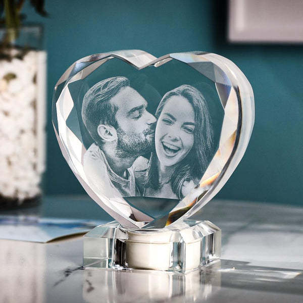 3D Laser Engraved Heart Crystal Photo Frame with Light Up LED Base-Blongser