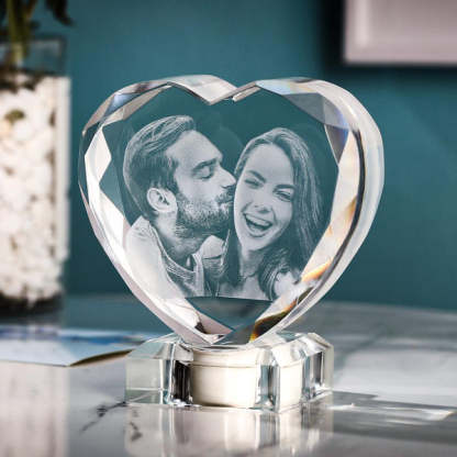 3D Laser Engraved Heart Crystal Photo Frame with Light Up LED Base-Blongser