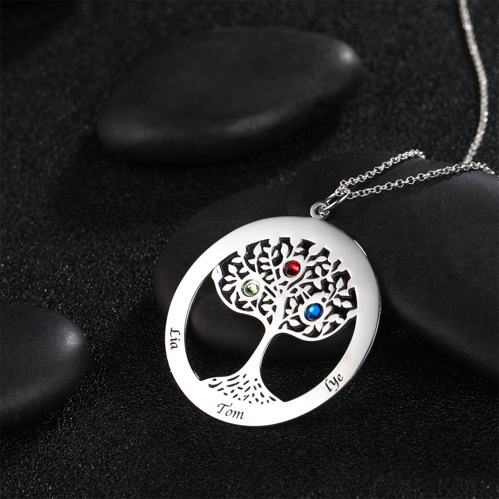 Personalized Family Tree Necklace Engraved Name Birthstone Necklace S925 Silver-Blongser