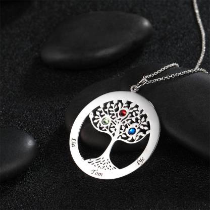 Personalized Family Tree Necklace Engraved Name Birthstone Necklace S925 Silver-Blongser