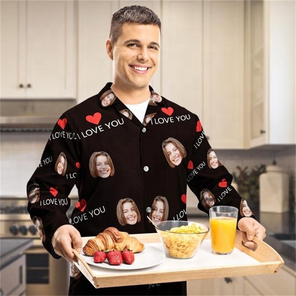 Custom Face Love You Pajamas Set Black Couple Sleepwear Long Sleeve Nightwear-Blongser
