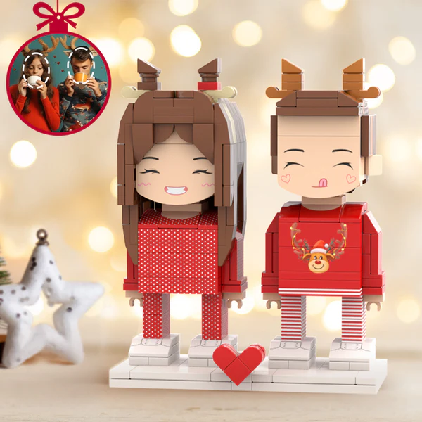Christmas Gifts Custom Head 2 People Cute Brick Figures Personalized Christmas Elk Couple Brick Figures Small Particle Block Toy-Blongser