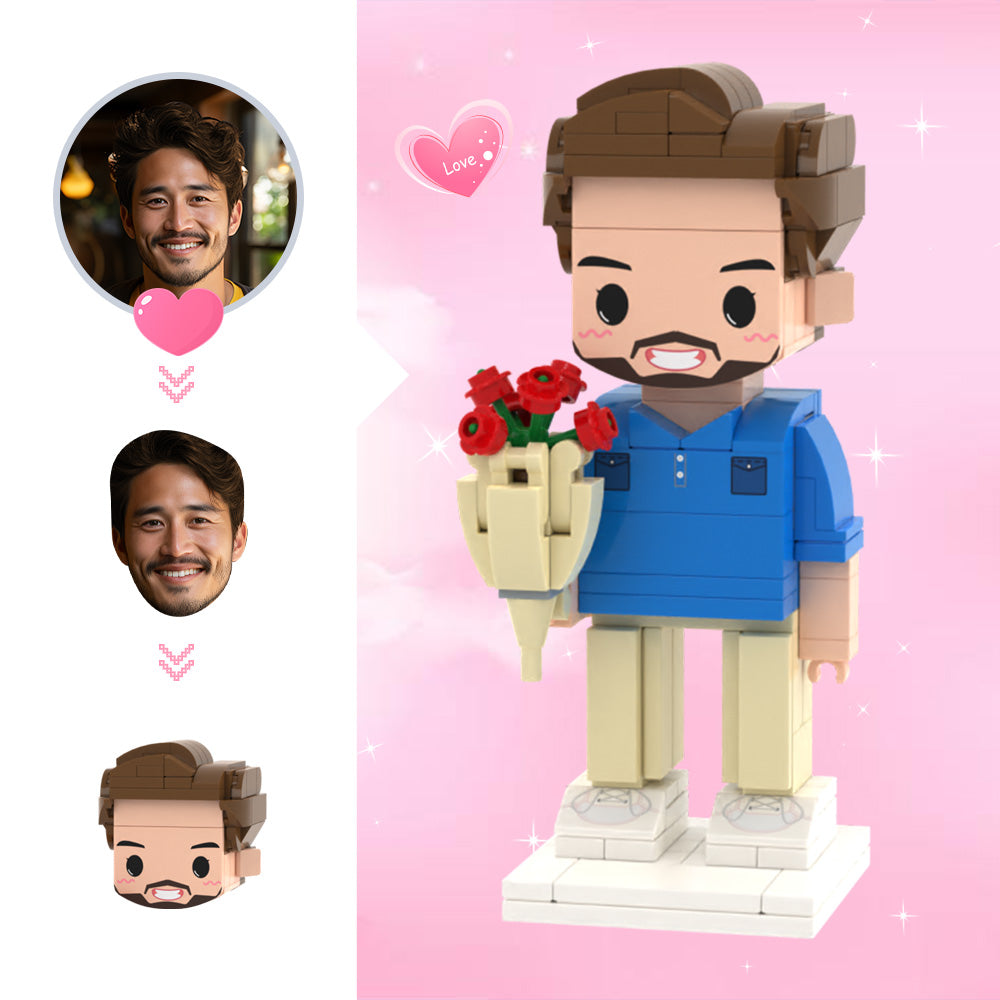 Custom Cute Head Brick Figures Personalized 1 People Brick Figures Man with Rose Brick Figures-Blongser