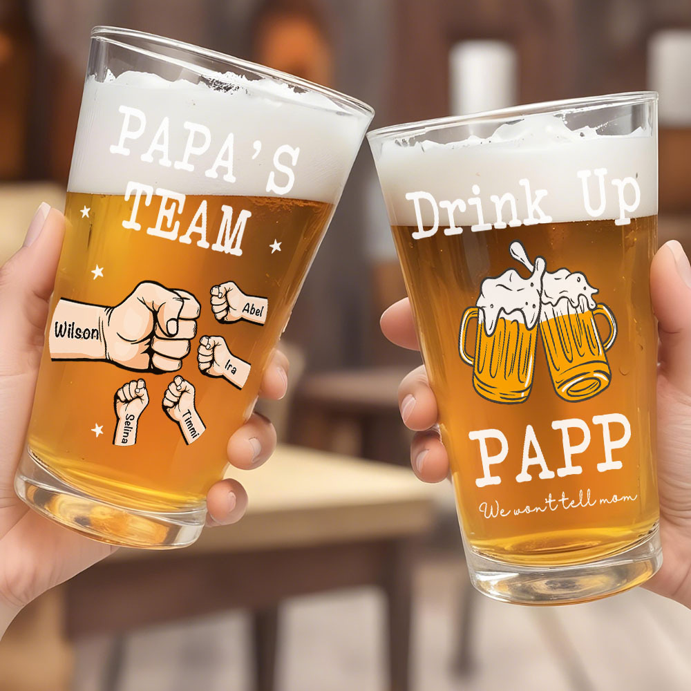 Personalized Beer Glass Drink Up Dad, We Won't Tell Mom Fist Beer Glass Gift for Dad Grandpa-Blongser