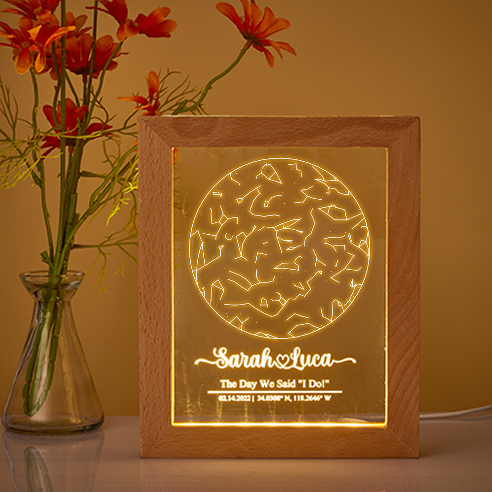 Custom Engraved Star Map Print Constellation Print Night Light with Wood Frame-Blongser