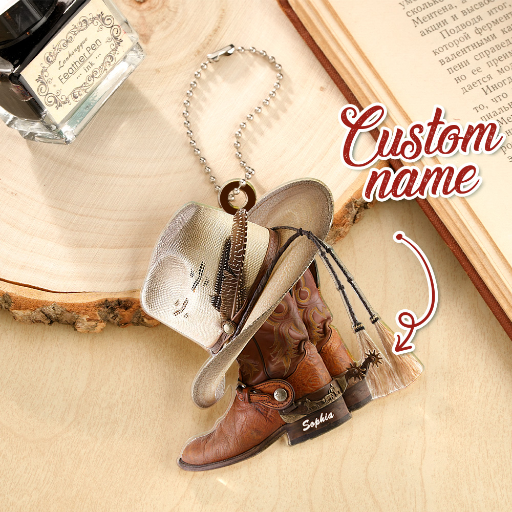 Personalized Cowboy Boots And Hat Car Ornament with Name Rearview Mirror Decoration Gift-Blongser