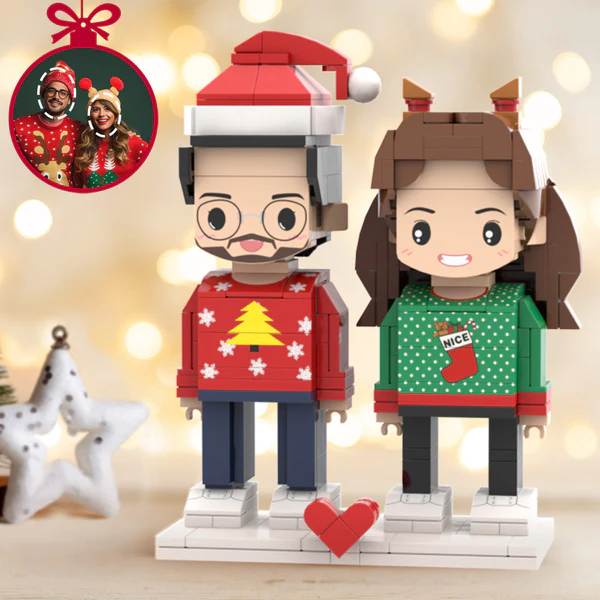 Personalized Christmas Dress Couple Brick Figures Custom Head 2 People Cute Brick Figures Small Particle Block Toy-Blongser