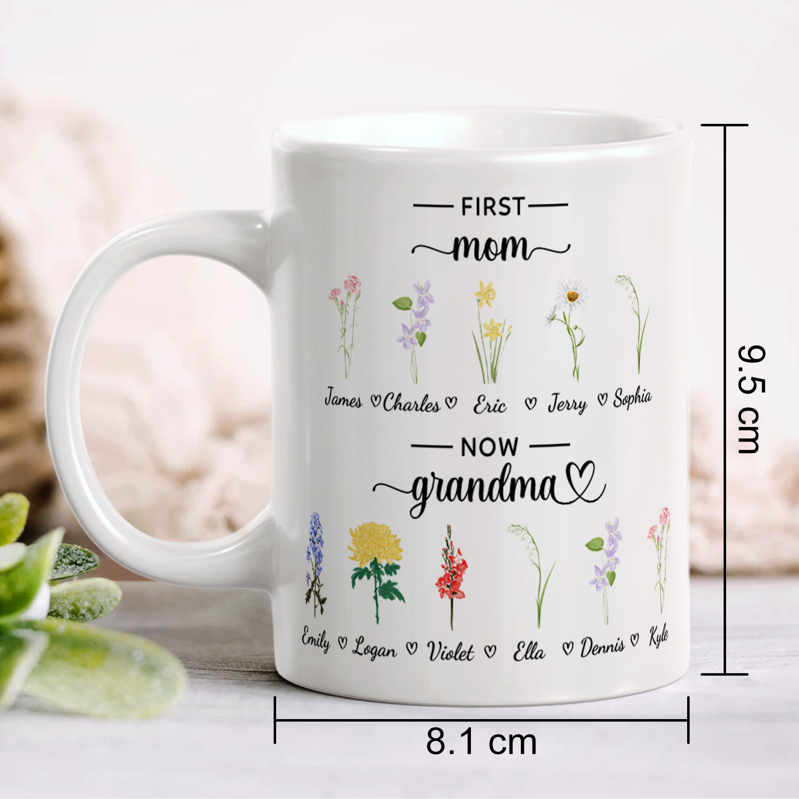 Personalized First Mom Now Grandma Mug Birth Flowers Ceramic Mug for Mother's Day Gifts-Blongser
