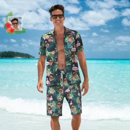 Custom Face Hawaiian Shirt And Beach Shorts Set Personalized Men's Photo Flamingo Flower Set Vacation Party Gift-Blongser