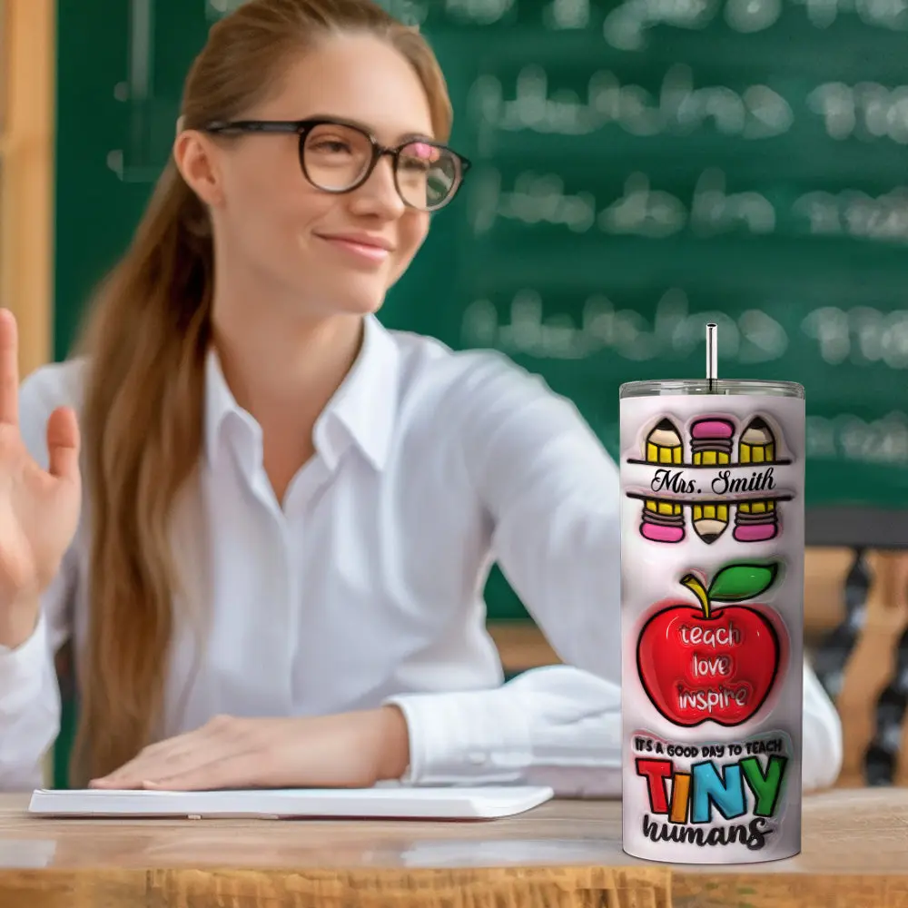 Personalized 3D Inflated Effect Apple Pencil Rainbow Design 20oz Skinny Tumbler Lid and Straw Back to School Gift for Teacher-Blongser
