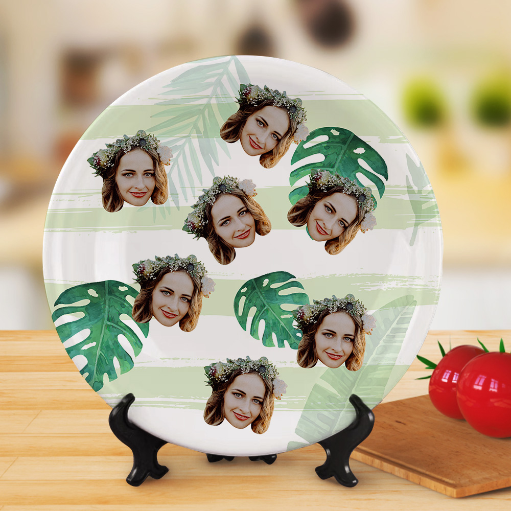 Personalized Green Leaf Dinner Plate Dinnerware Custom Face Ceramics Plates-Blongser