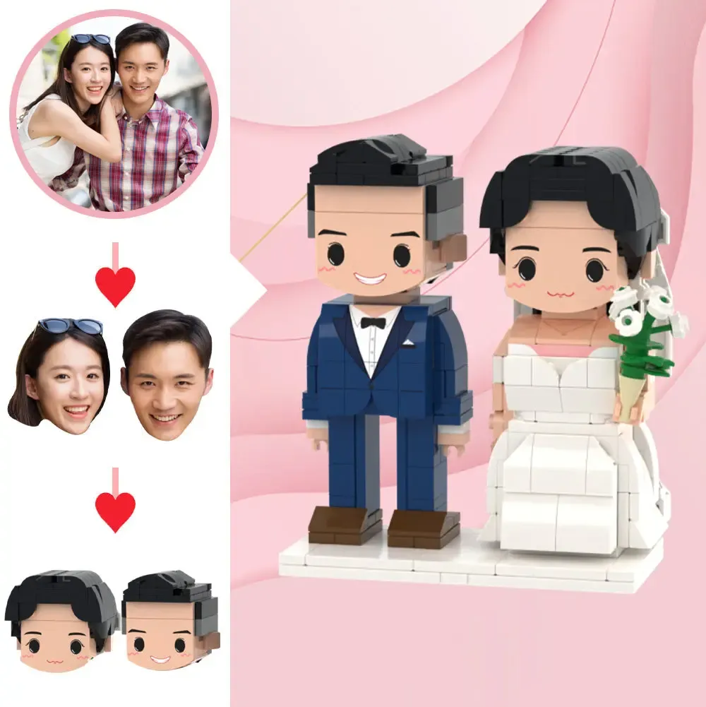 Wedding Gifts Western Style Wedding Cute Face Brick Figures Customizable Head 2 People Custom Brick Figures-Blongser