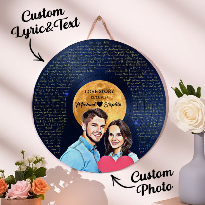 Personalized Vinyl Record Song Lyrics and Portrait Round Wood Sign Gift for Lover-Blongser