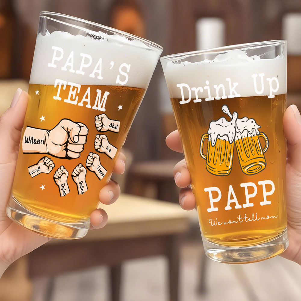 Personalized Beer Glass Drink Up Dad, We Won't Tell Mom Fist Beer Glass Gift for Dad Grandpa-Blongser