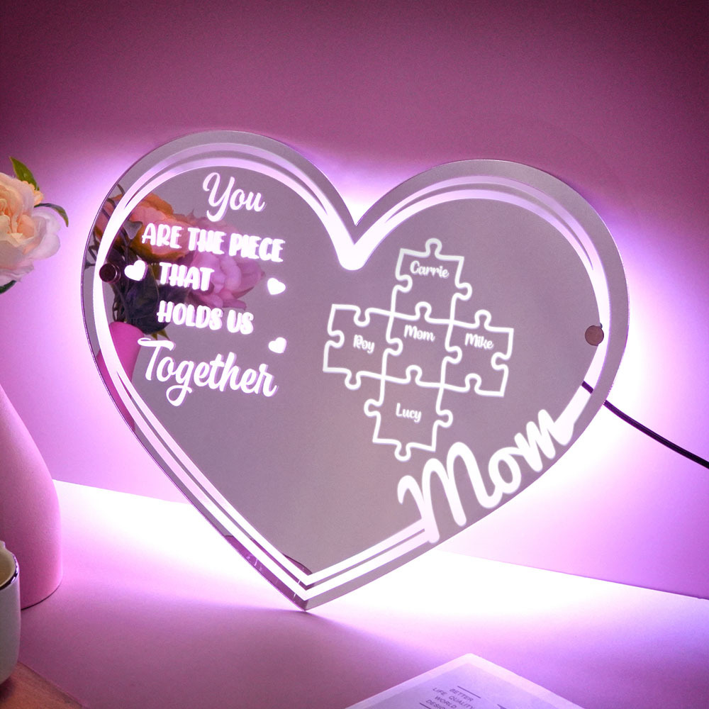 Personalized Mom You Are the Piece That Holds Us Together Mirror Light Puzzle Piece Sign Mother's Day Gifts-Blongser