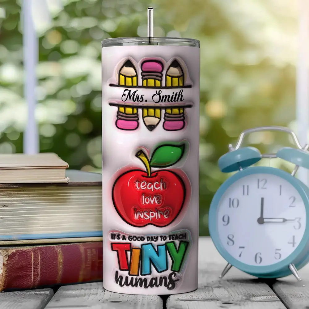 Personalized 3D Inflated Effect Apple Pencil Rainbow Design 20oz Skinny Tumbler Lid and Straw Back to School Gift for Teacher-Blongser