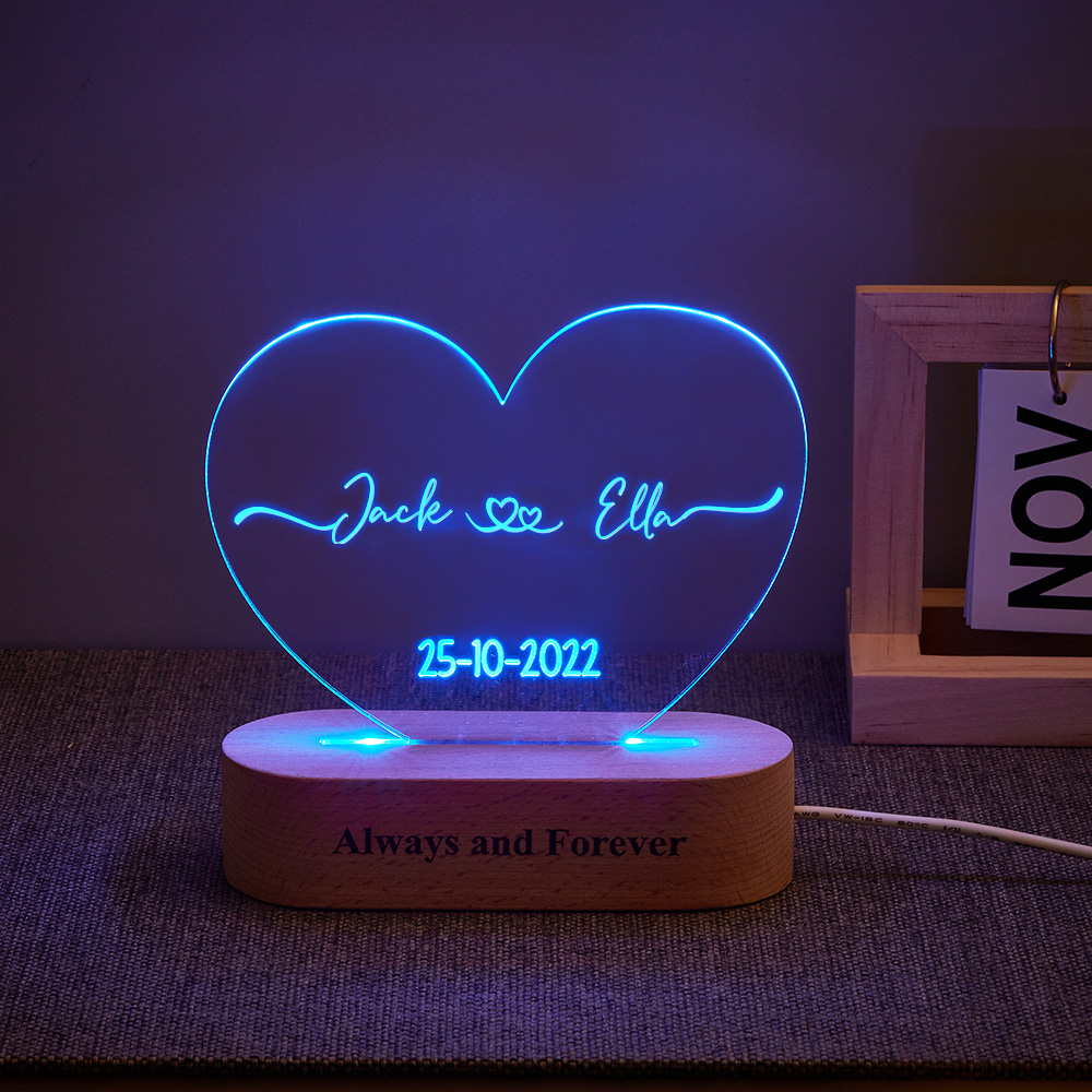 Heart Shaped Acrylic Plaque Personalized Name and Date Night Light-Blongser