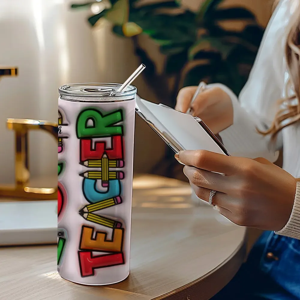 Personalized 3D Inflated Effect Apple Pencil Rainbow Design 20oz Skinny Tumbler Lid and Straw Back to School Gift for Teacher-Blongser
