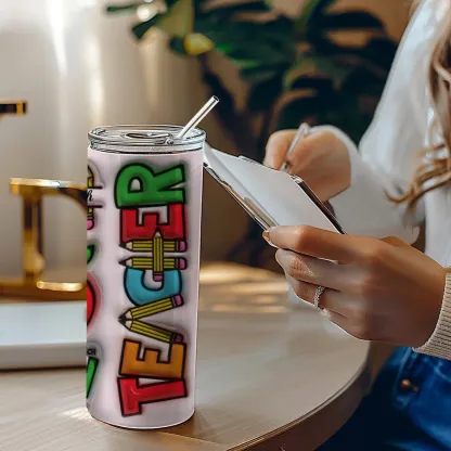Personalized 3D Inflated Effect Apple Pencil Rainbow Design 20oz Skinny Tumbler Lid and Straw Back to School Gift for Teacher-Blongser