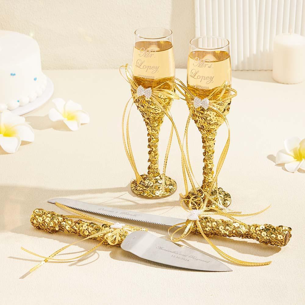 Personalized Champagne Flutes and Cake Server Set for Bride and Groom Wedding Gift-Blongser