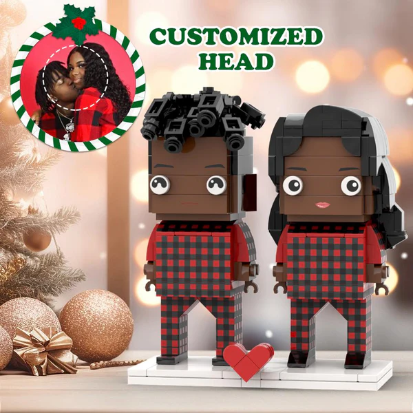 Christmas Black Couple Pajamas Custom Face Brick Figures Customizable Head 2 People Custom Brick Figures-Blongser