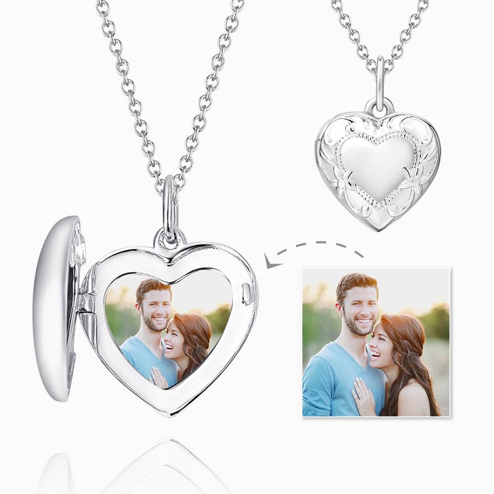 Embossed Heart Picture Locket Pendant Necklace With Photo-Blongser