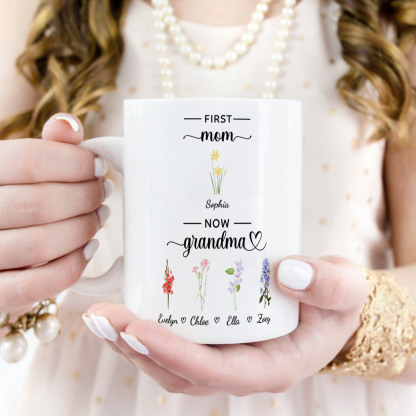Personalized First Mom Now Grandma Mug Birth Flowers Ceramic Mug for Mother's Day Gifts-Blongser