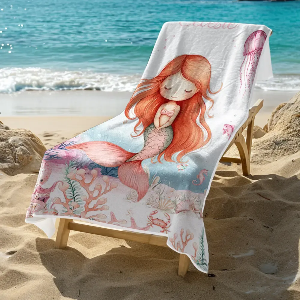 Personalized Cute Mermaid Beach Towel with Name Beach Vacation Accessories Gift for Girl-Blongser