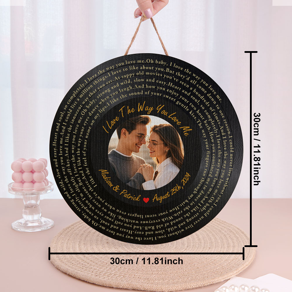 Personalized Vinyl Record Song Lyrics and Photo Round Wood Sign Gift for Lover-Blongser