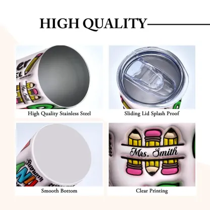 Personalized 3D Inflated Effect Apple Pencil Rainbow Design 20oz Skinny Tumbler Lid and Straw Back to School Gift for Teacher-Blongser