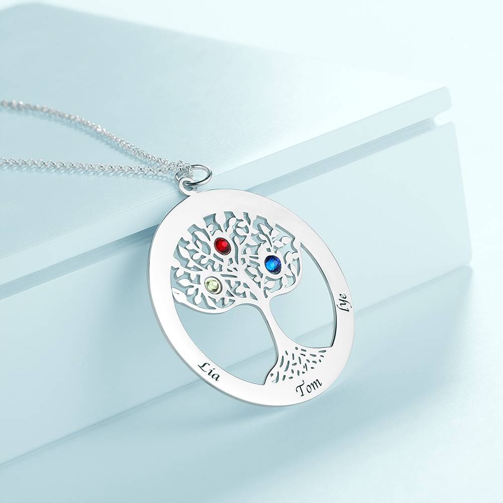 Personalized Family Tree Necklace Engraved Name Birthstone Necklace S925 Silver-Blongser