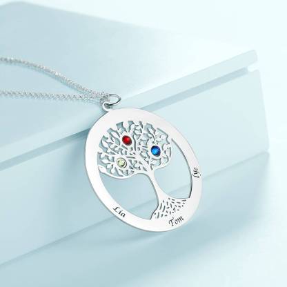 Personalized Family Tree Necklace Engraved Name Birthstone Necklace S925 Silver-Blongser