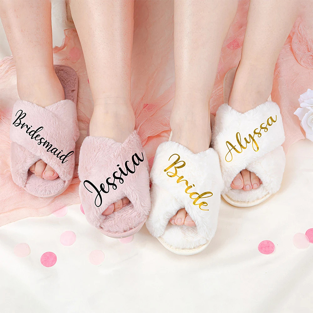 Custom Fluffy Slippers Fluffy Cross Slippers Bride Slippers Bridesmaid Gift-Blongser