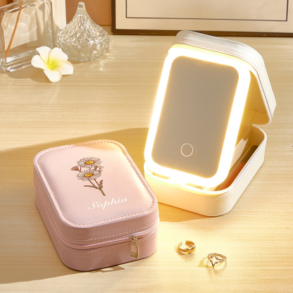 Personalized Birth Flower PU Leather Jewelry Box with LED Makeup Mirror Birthday Gift for Her-Blongser