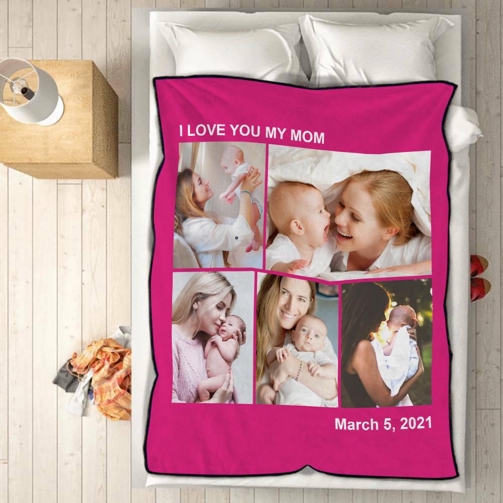Personalised 5 Photos Fleece Blankets Custom Text Throw Couples Blanket-Blongser