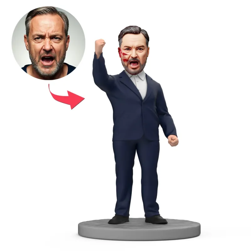Hero Raises Fist Wear Black Suit Custom Bobblehead with Engraved Text-Blongser