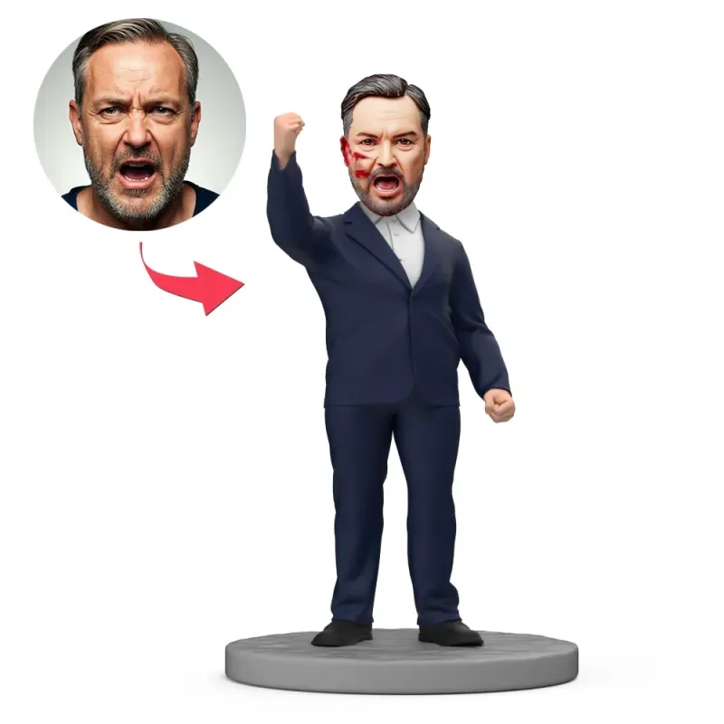 Hero Raises Fist Wear Black Suit Custom Bobblehead with Engraved Text-Blongser