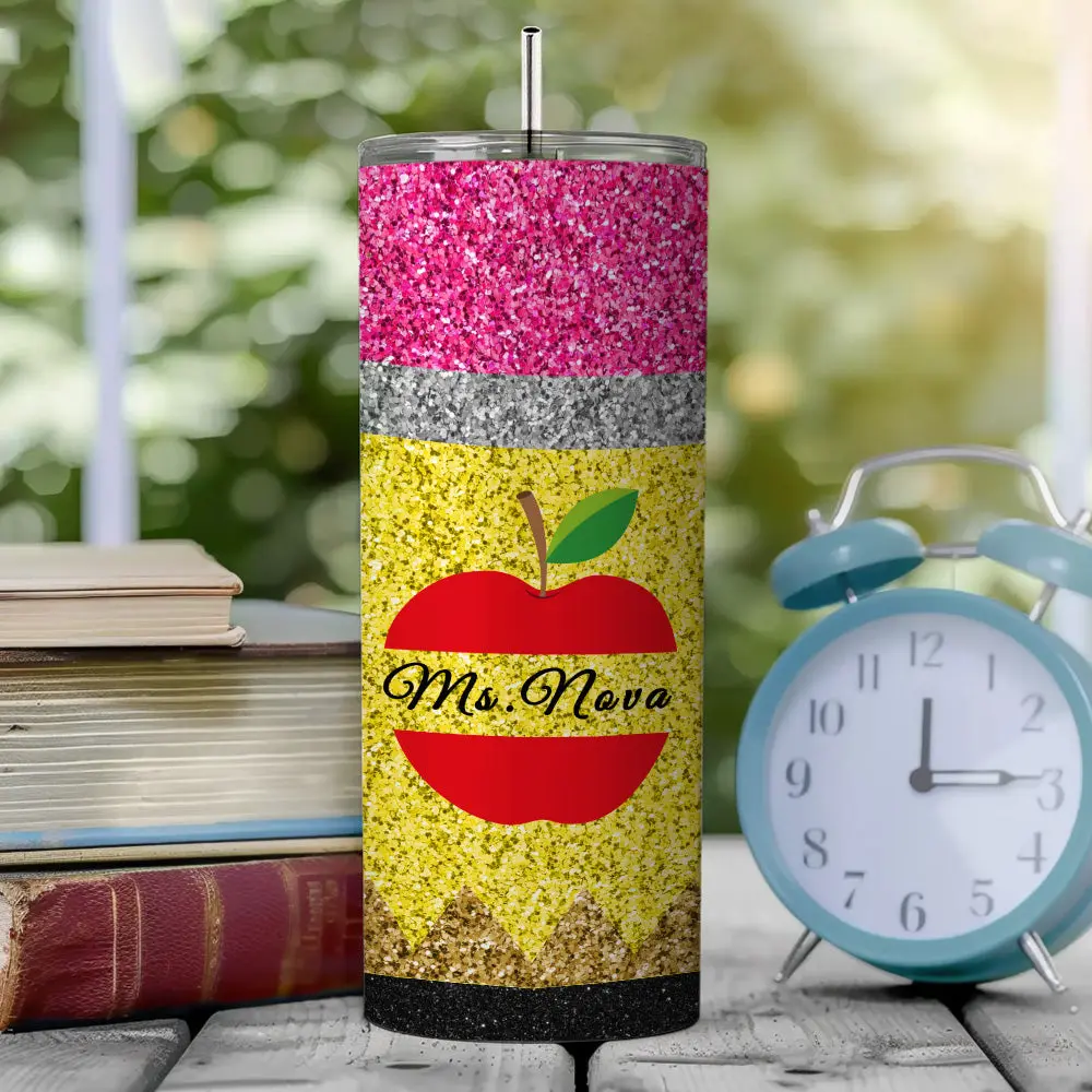 Personalized Glitter Apple 20oz Skinny Tumbler with Straw Back to School Appreciation Gift for Teacher-Blongser