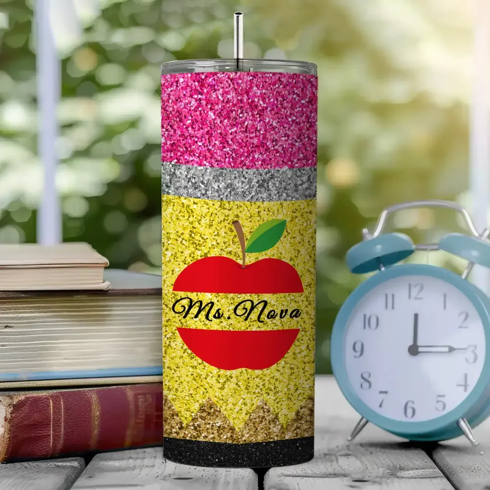 Personalized Glitter Apple 20oz Skinny Tumbler with Straw Back to School Appreciation Gift for Teacher-Blongser