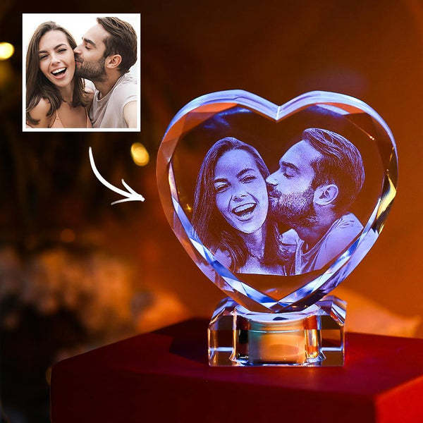 3D Laser Engraved Heart Crystal Photo Frame with Light Up LED Base-Blongser