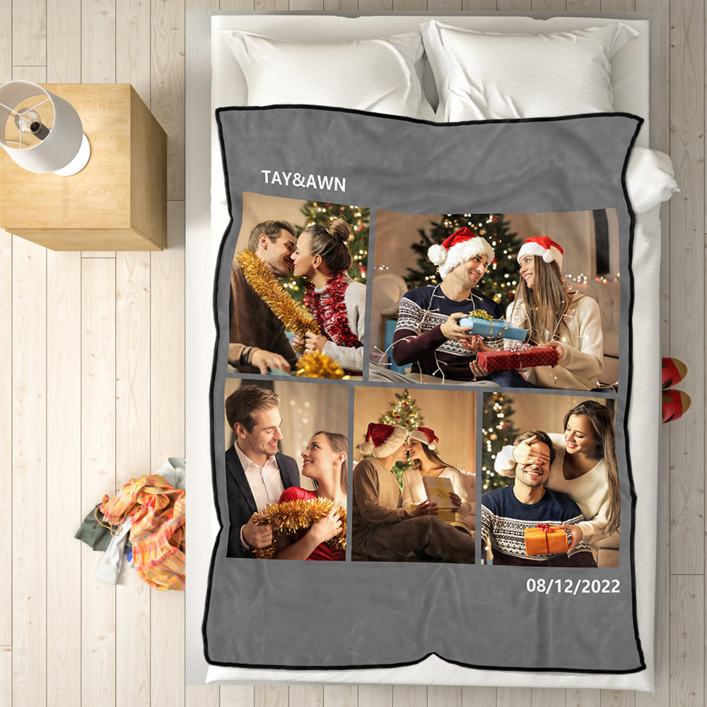 Personalised 5 Photos Fleece Blankets Custom Text Throw Couples Blanket-Blongser