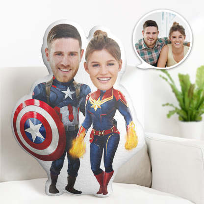 Valentine's Day Gift Custom Photo Pillow Personalized Superhero Pillow Customized Couple Pillow Captain America and Captain Marvel Pillow-Blongser