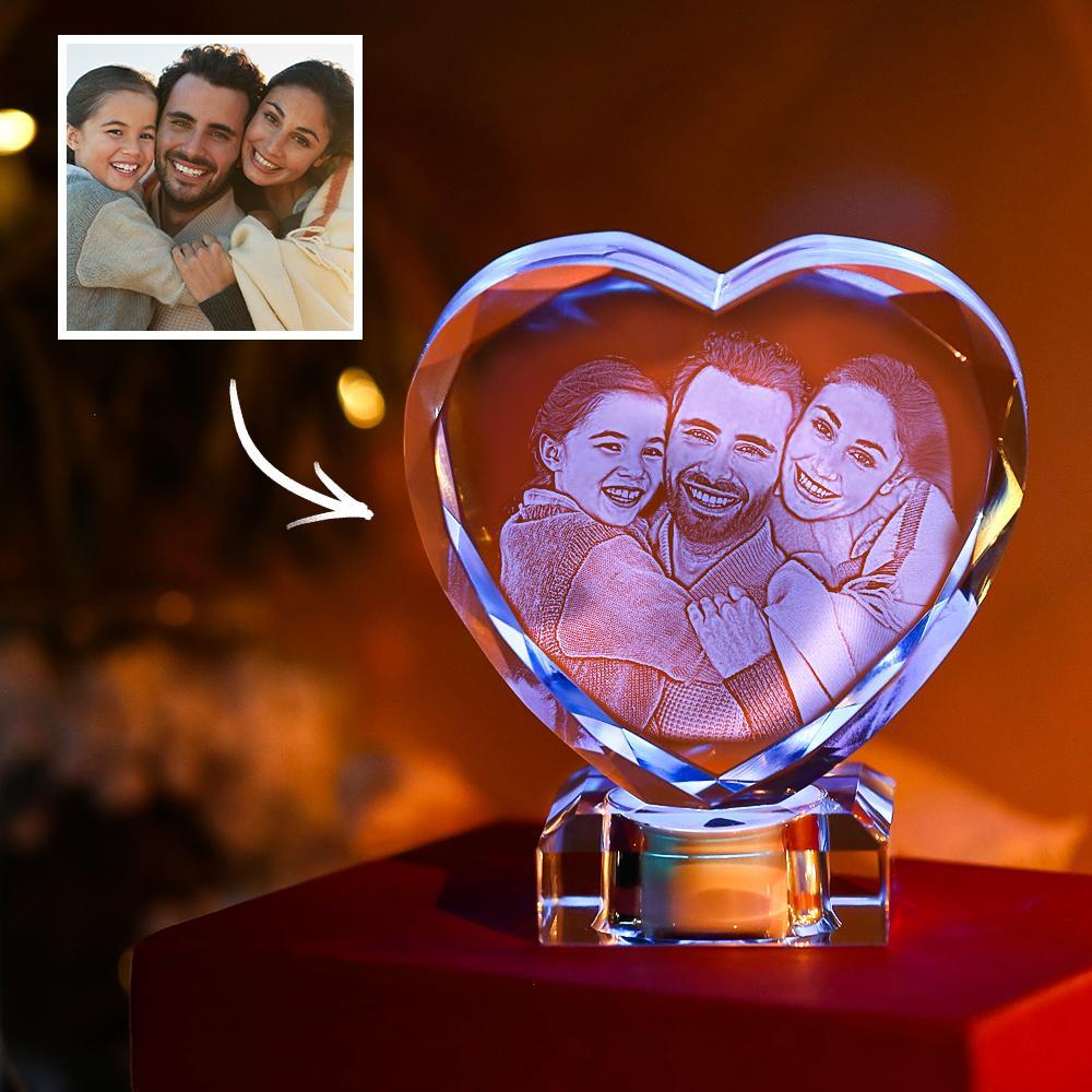 3D Laser Engraved Heart Crystal Photo Frame with Light Up LED Base-Blongser
