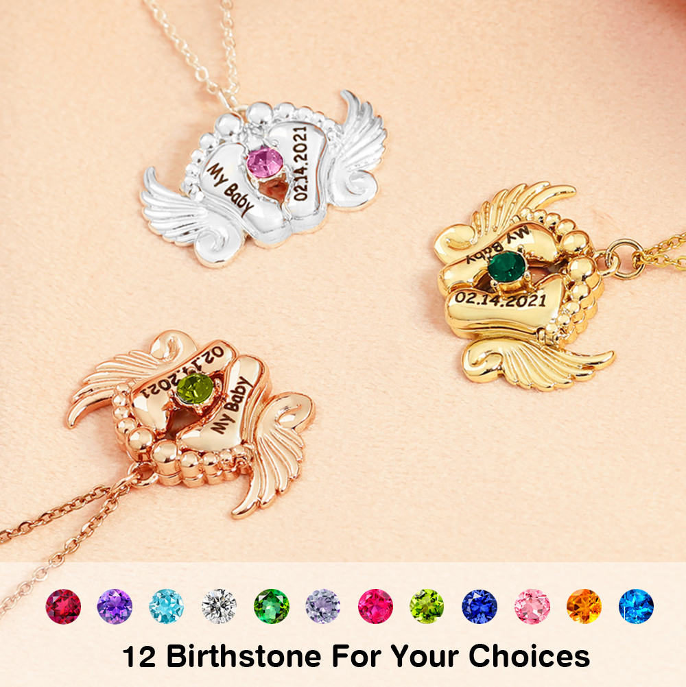 Personalized Angel Feet Locket Birthstone Necklace - 3 Colors-Blongser