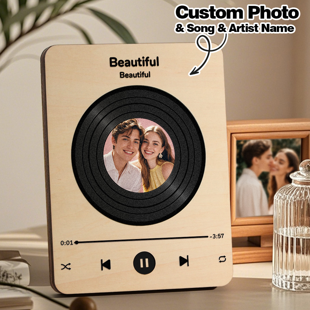 Personalized Photo Wooden Music Record Player Wedding Anniversary Gift for Couples-Blongser